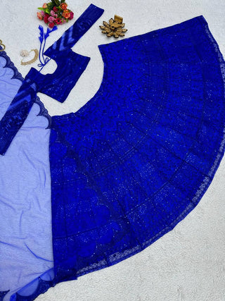 Blue Royal Butterfly Net Zari & Sequence Work Lehenga Set ClothsVilla