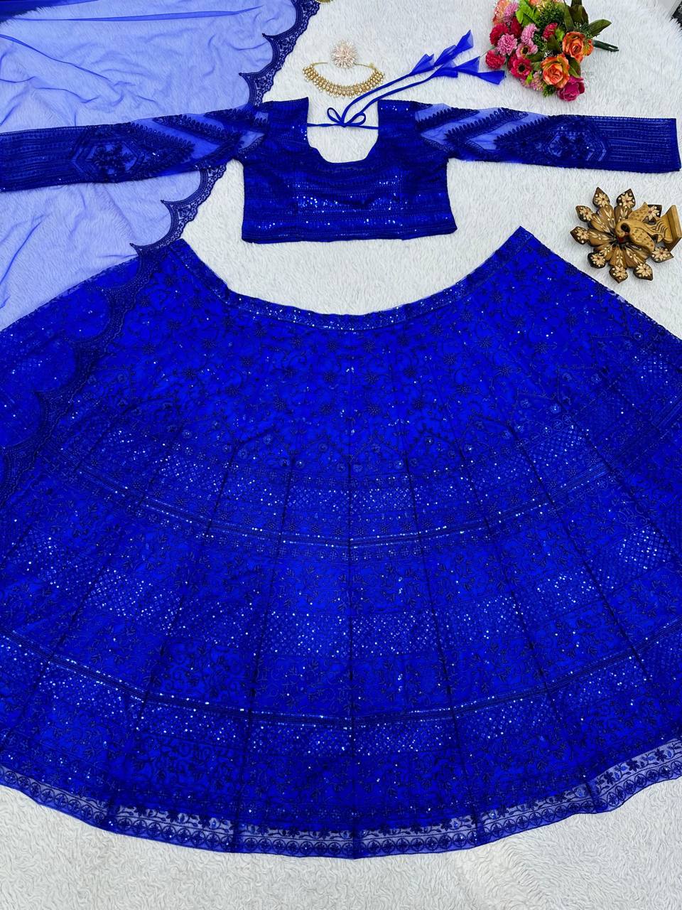 Blue Royal Butterfly Net Zari & Sequence Work Lehenga Set ClothsVilla