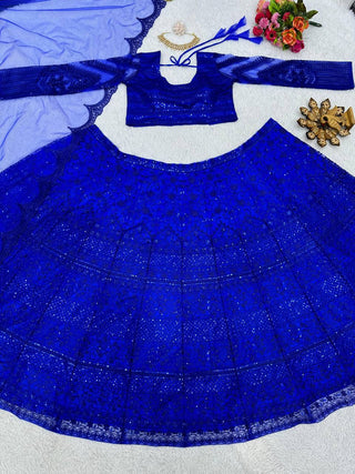 Blue Royal Butterfly Net Zari & Sequence Work Lehenga Set ClothsVilla