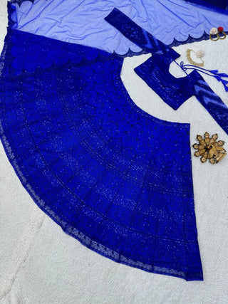 Blue Royal Butterfly Net Zari & Sequence Work Lehenga Set ClothsVilla