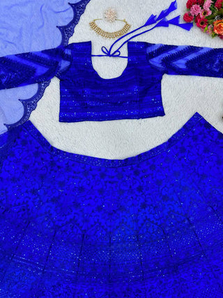 Blue Royal Butterfly Net Zari & Sequence Work Lehenga Set ClothsVilla