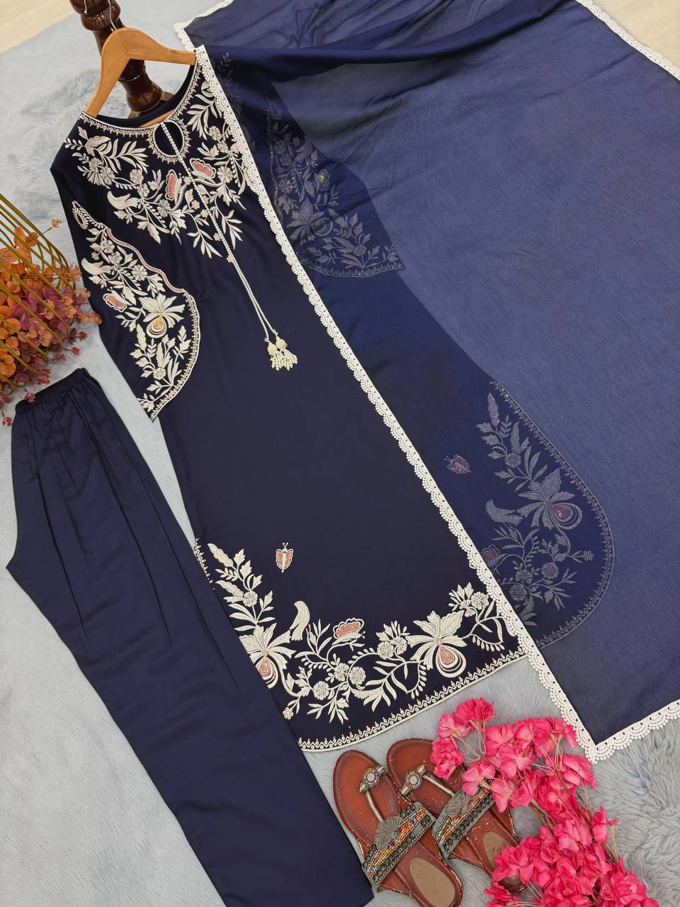 Blue Satin Rayon Kaftan Set ClothsVilla