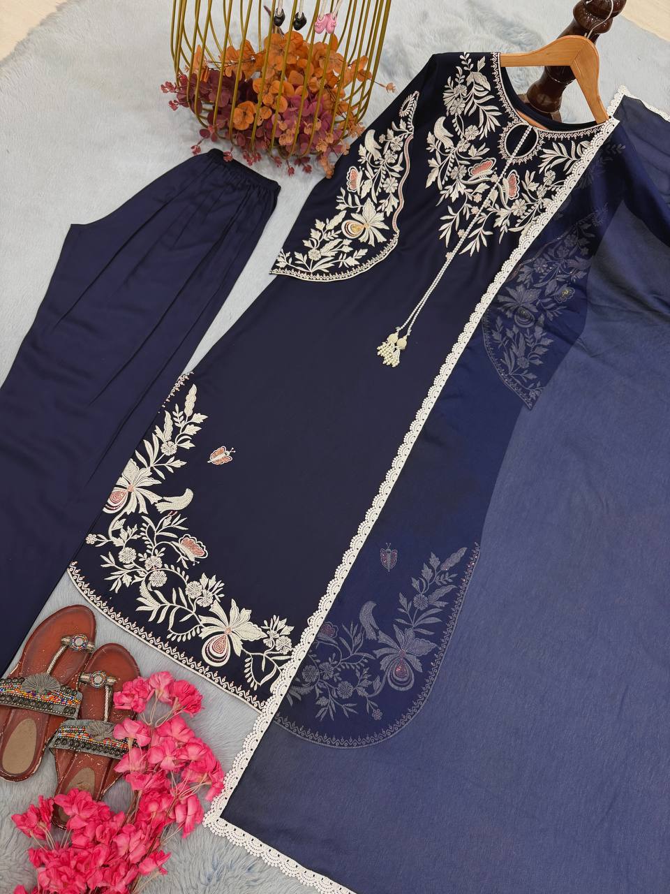 Blue Satin Rayon Kaftan Set ClothsVilla