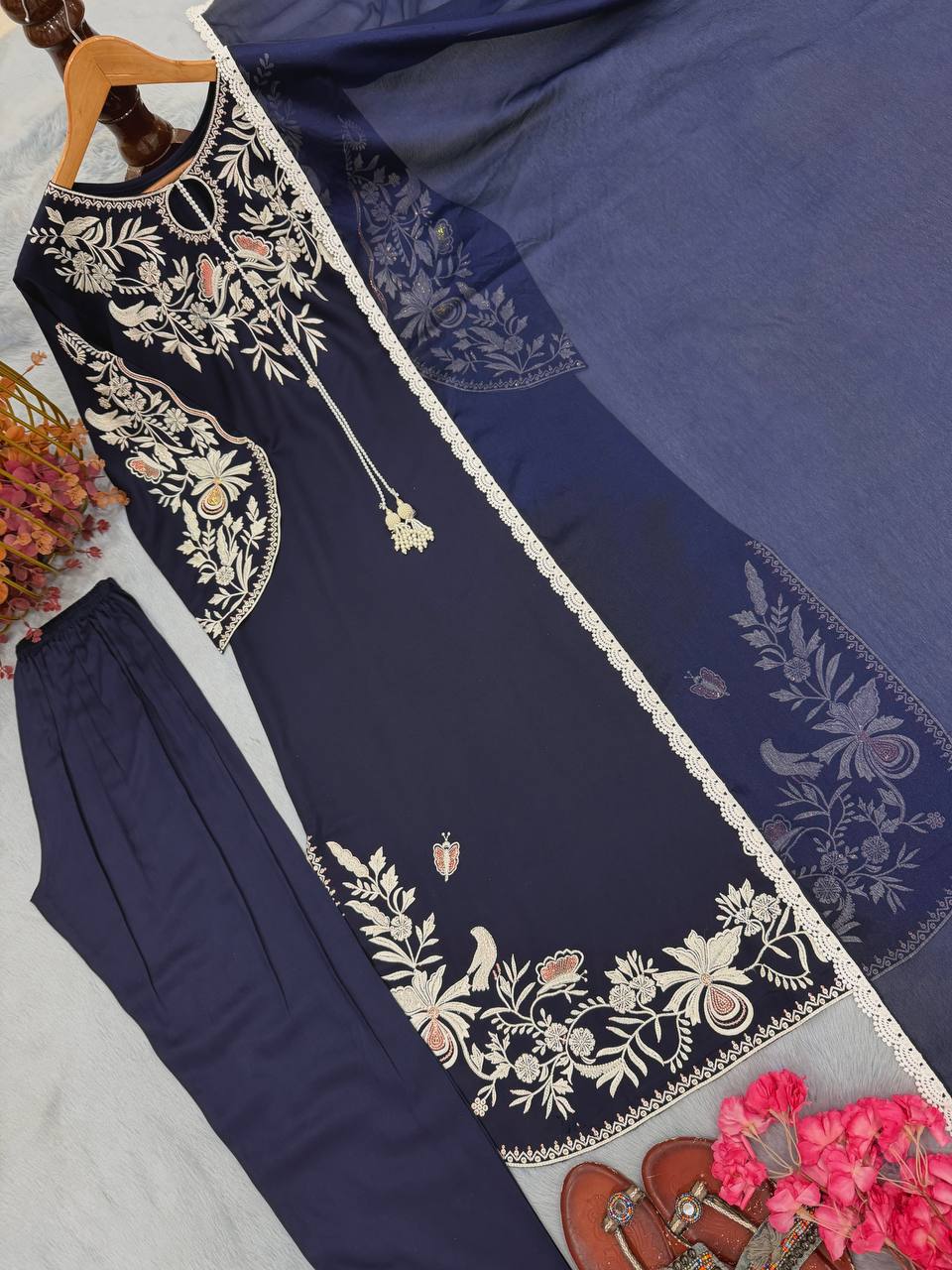 Blue Satin Rayon Kaftan Set ClothsVilla