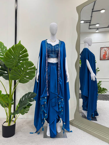 Blue Satin Silk Dhoti Style Set with Embroidered Choli & Tassel Shrug – Ready to Wear ClothsVilla