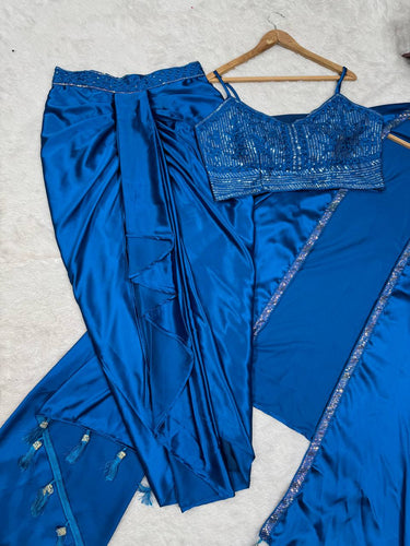Blue Satin Silk Dhoti Style Set with Embroidered Choli & Tassel Shrug – Ready to Wear ClothsVilla