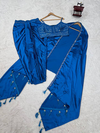 Blue Satin Silk Dhoti Style Set with Embroidered Choli & Tassel Shrug – Ready to Wear ClothsVilla