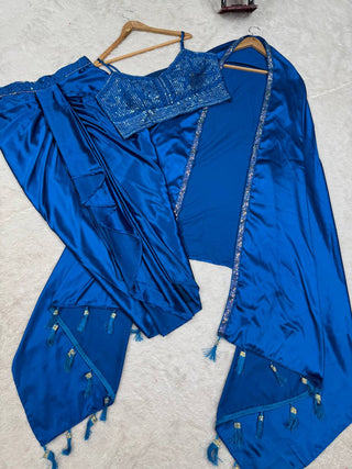 Blue Satin Silk Dhoti Style Set with Embroidered Choli & Tassel Shrug – Ready to Wear ClothsVilla