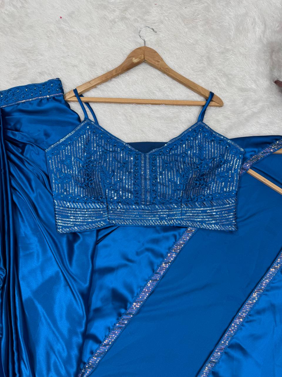 Blue Satin Silk Dhoti Style Set with Embroidered Choli & Tassel Shrug – Ready to Wear ClothsVilla