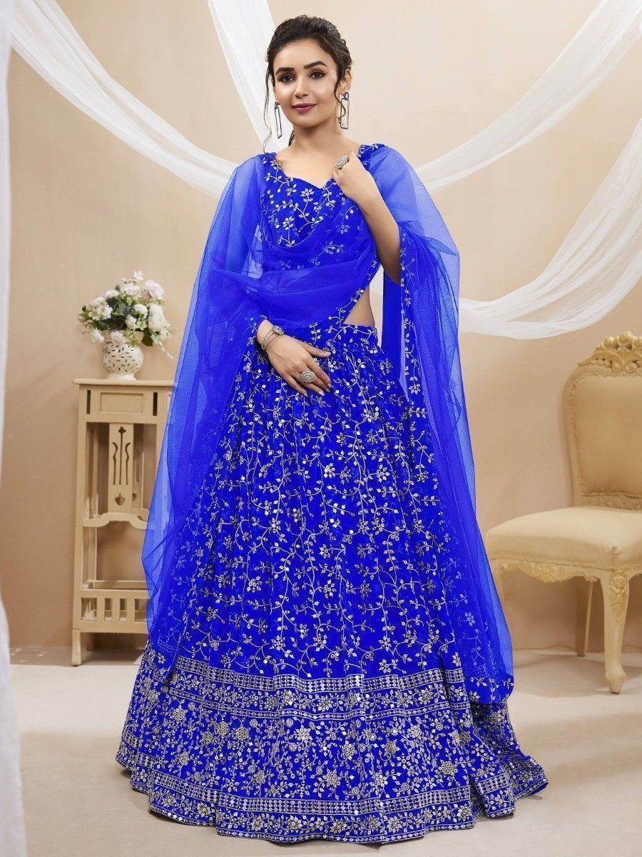 Blue Sequins Georgette Wedding Wear Lehenga Choli ClothsVilla