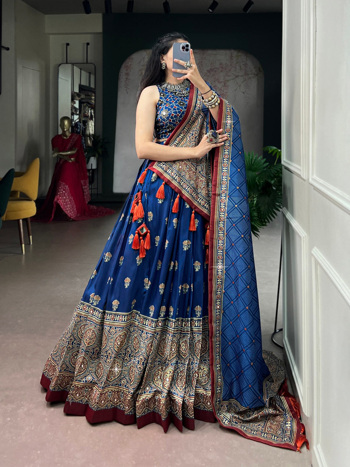 Blue Silk Ajrak Printed Lehenga ClothsVilla