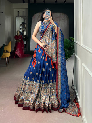 Blue Silk Ajrak Printed Lehenga ClothsVilla