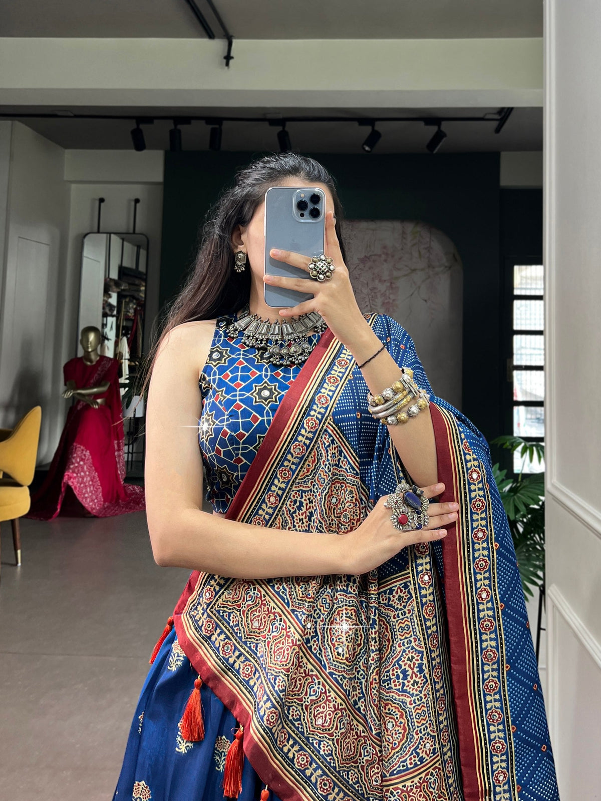 Blue Silk Ajrak Printed Lehenga ClothsVilla