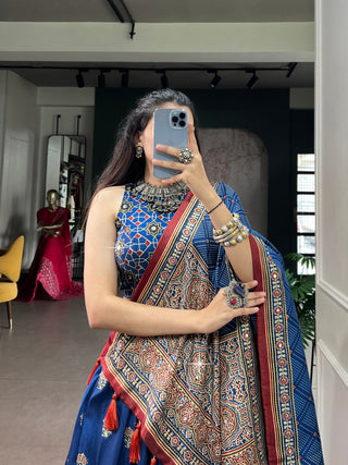 Blue Silk Ajrak Printed Lehenga ClothsVilla