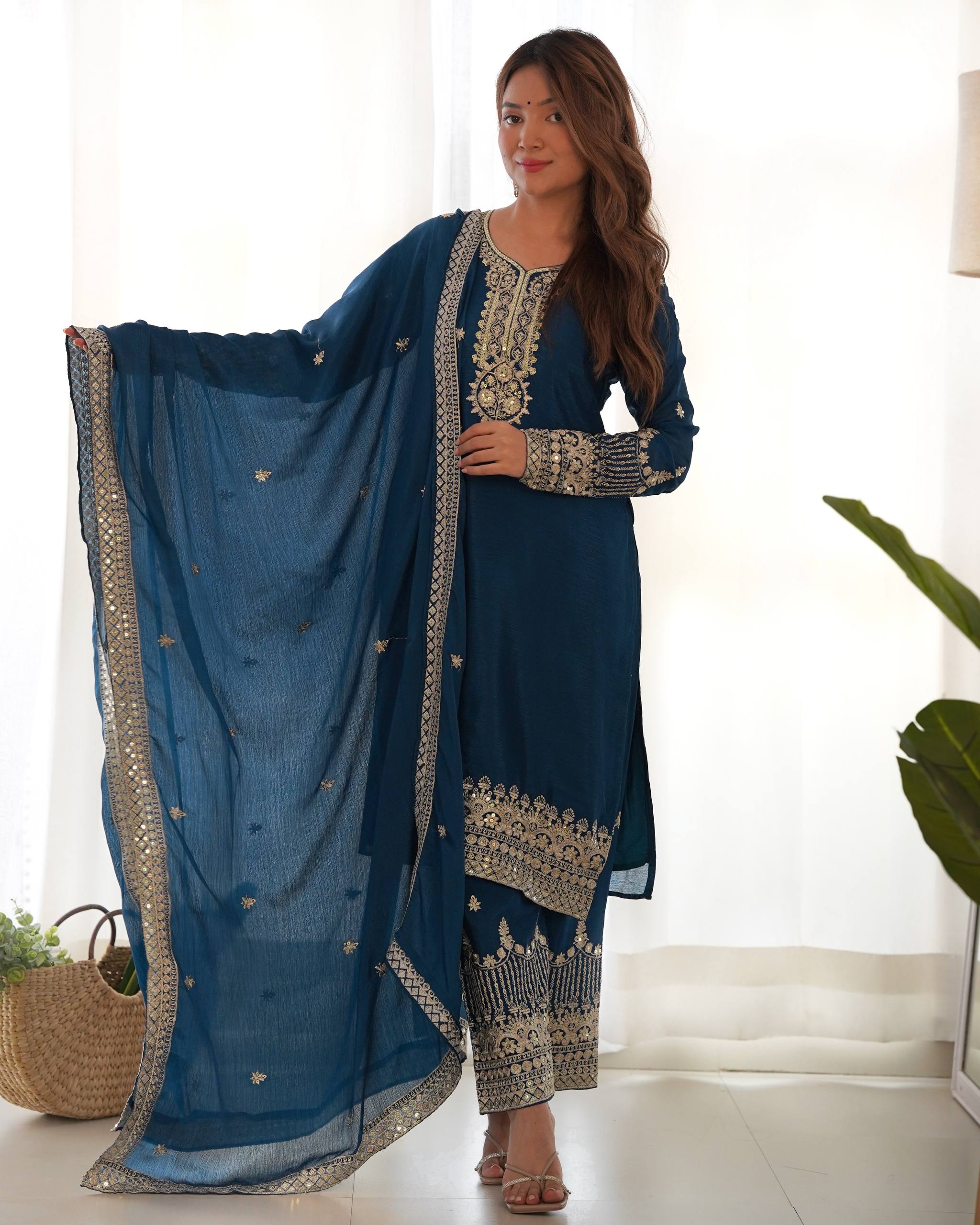 Blue Silk Embroidered Kurta Pant Set ClothsVilla Main image
