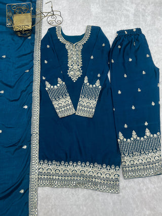 Blue Silk Embroidered Kurta Pant Set ClothsVilla