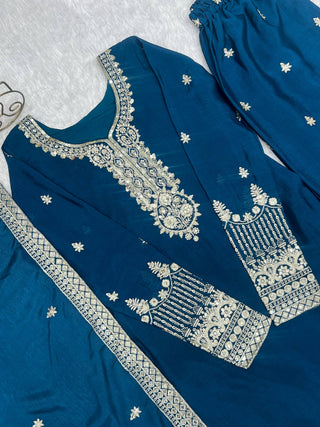 Blue Silk Embroidered Kurta Pant Set ClothsVilla