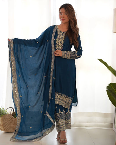 Blue Silk Embroidered Kurta Pant Set ClothsVilla