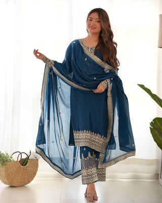 Blue Silk Embroidered Kurta Pant Set ClothsVilla