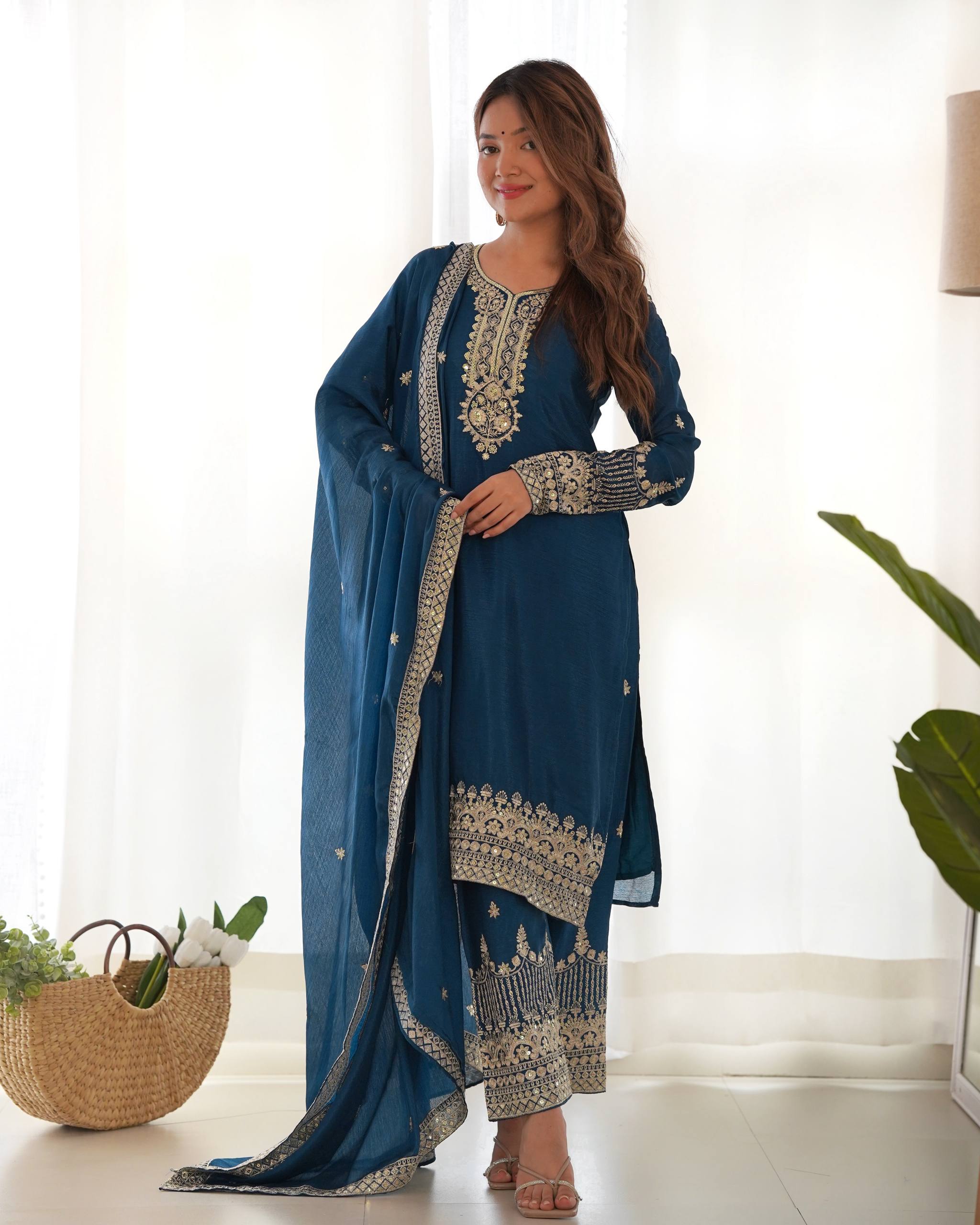 Blue Silk Embroidered Kurta Pant Set Secondary image