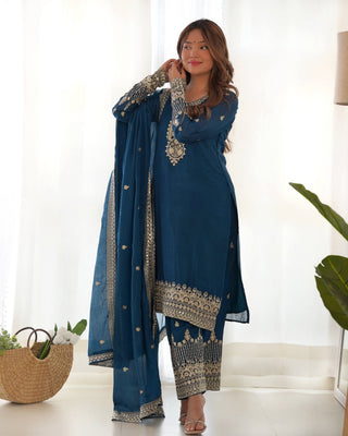 Blue Silk Embroidered Kurta Pant Set ClothsVilla