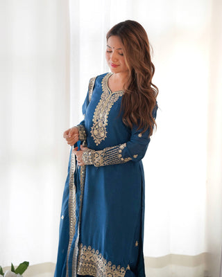 Blue Silk Embroidered Kurta Pant Set ClothsVilla