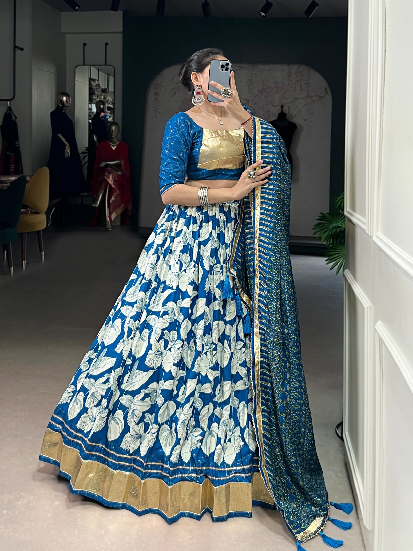 Blue Silk Lehenga Set with Foil Print ClothsVilla