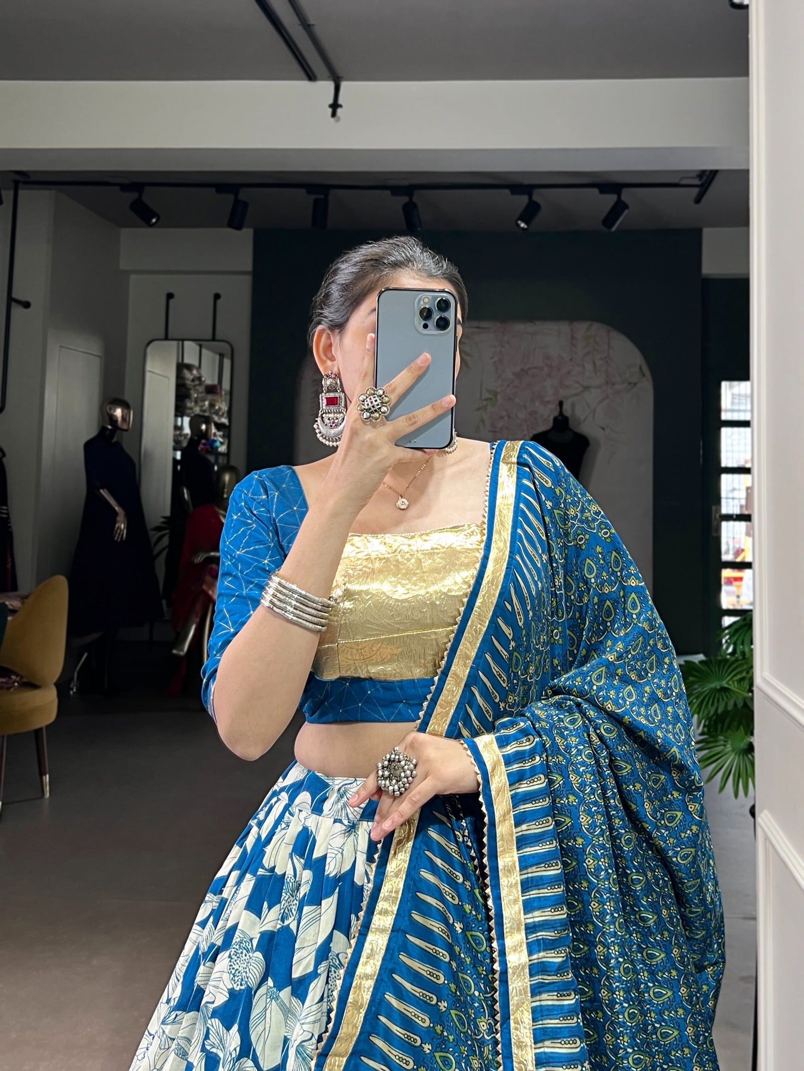 Blue Silk Lehenga Set with Foil Print ClothsVilla