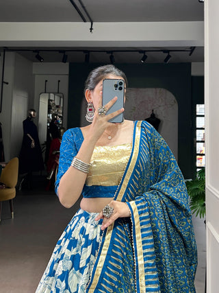 Blue Silk Lehenga Set with Foil Print ClothsVilla