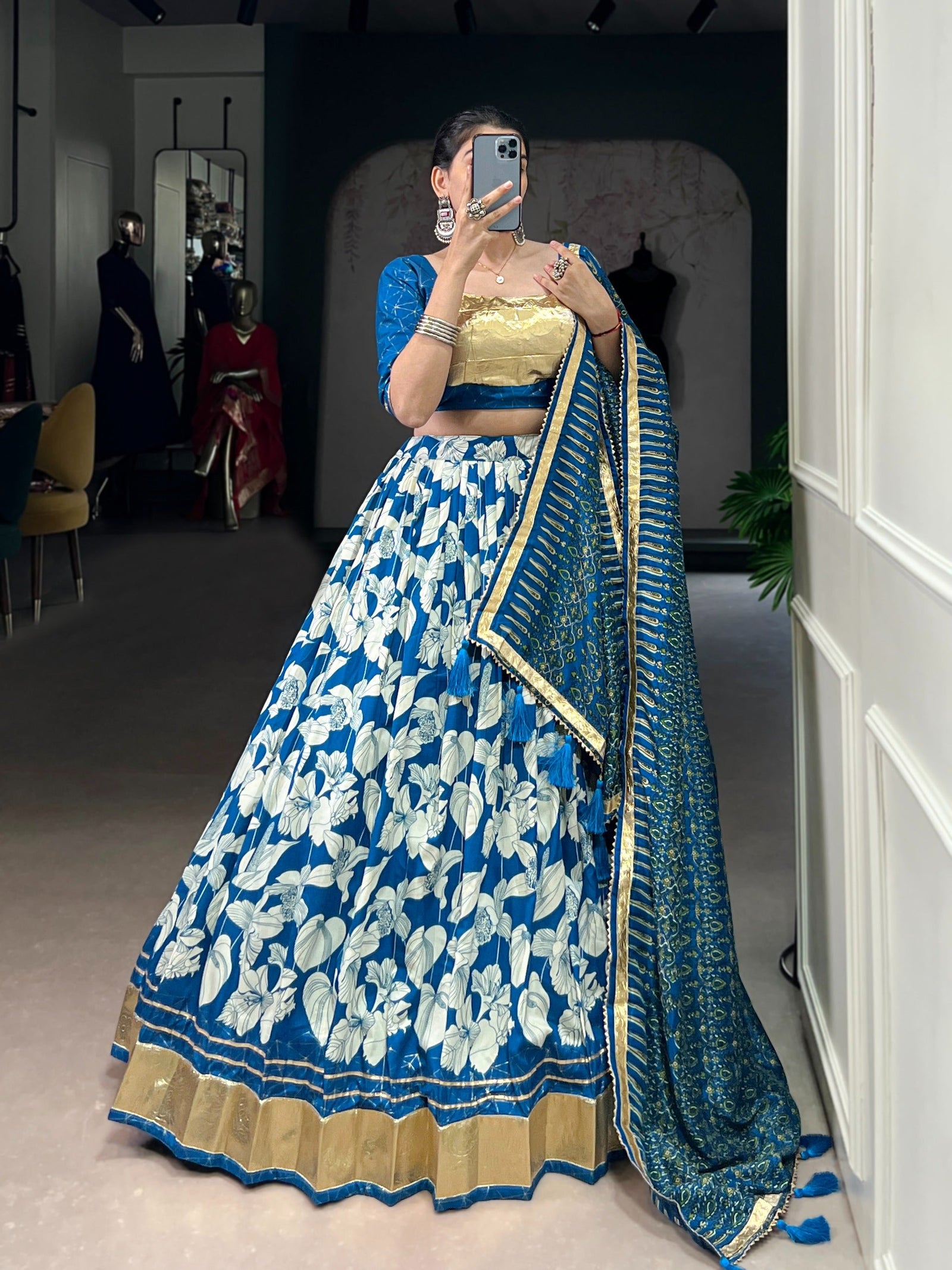 Blue Silk Lehenga Set with Foil Print ClothsVilla