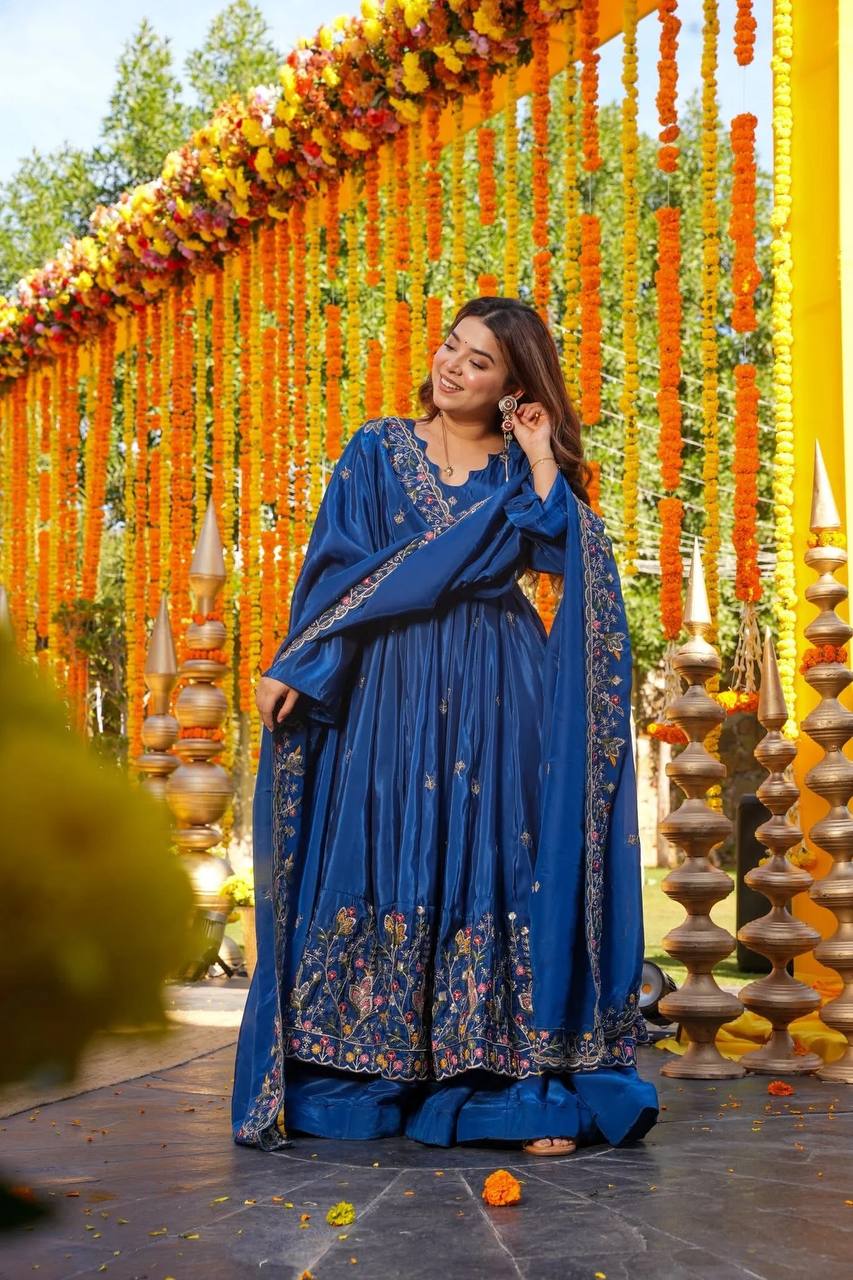 Blue Silk Sequins Embroidered Gown Set