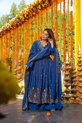 Blue Silk Sequins Embroidered Gown Set