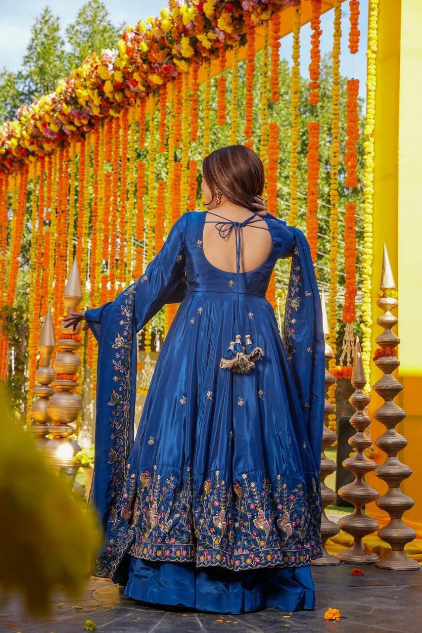 Blue Silk Sequins Embroidered Gown Set