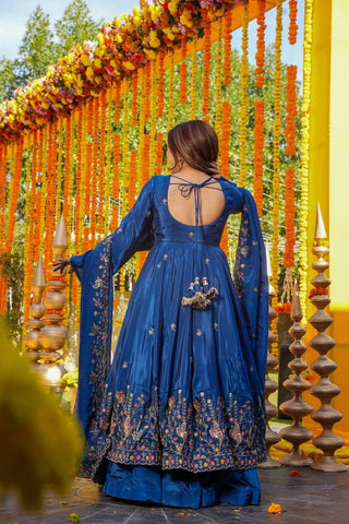 Blue Silk Sequins Embroidered Gown Set