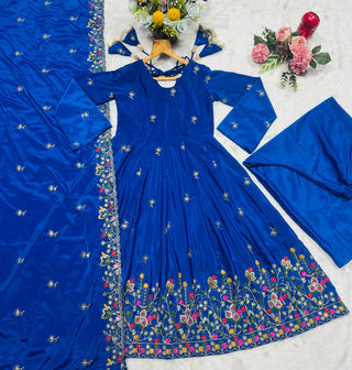 Blue Silk Sequins Embroidered Gown Set