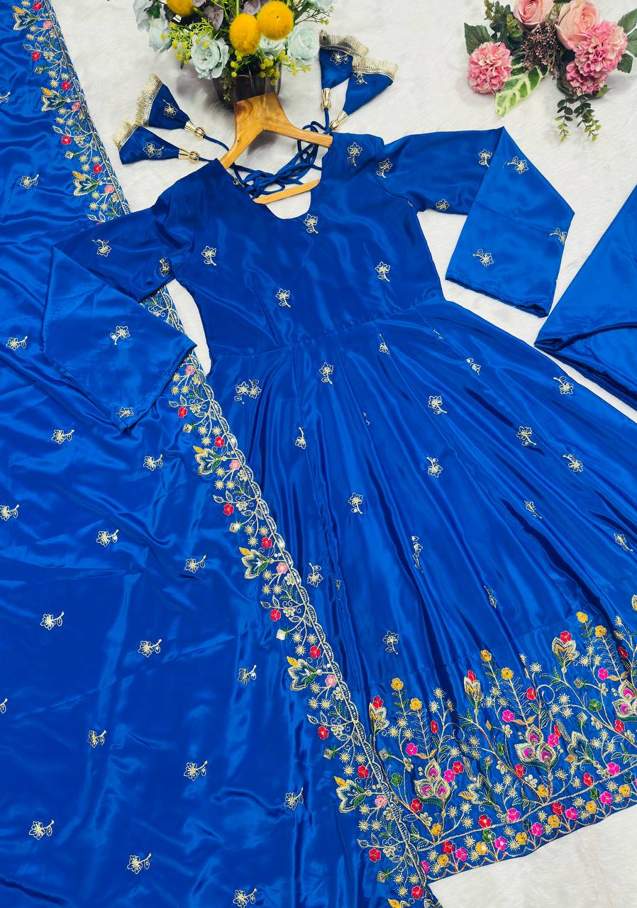 Blue Silk Sequins Embroidered Gown Set
