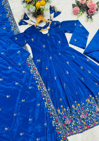 Blue Silk Sequins Embroidered Gown Set