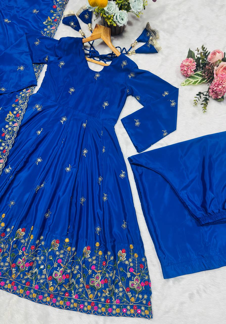 Blue Silk Sequins Embroidered Gown Set