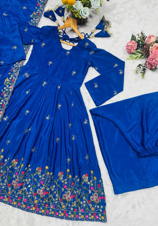 Blue Silk Sequins Embroidered Gown Set