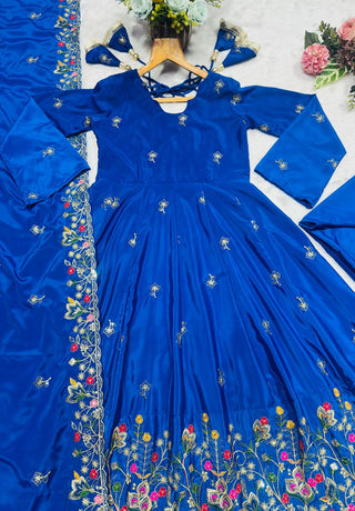 Blue Silk Sequins Embroidered Gown Set