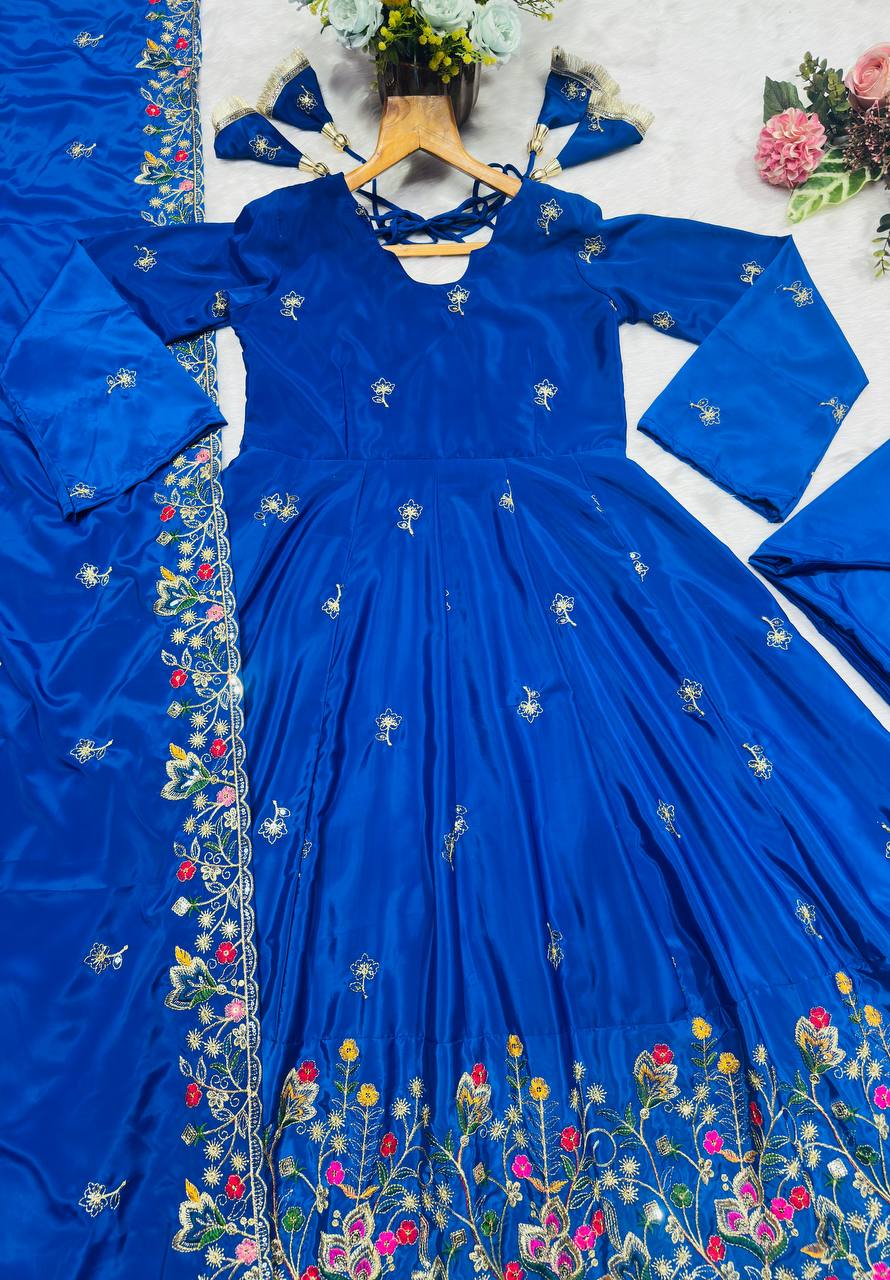 Blue Silk Sequins Embroidered Gown Set