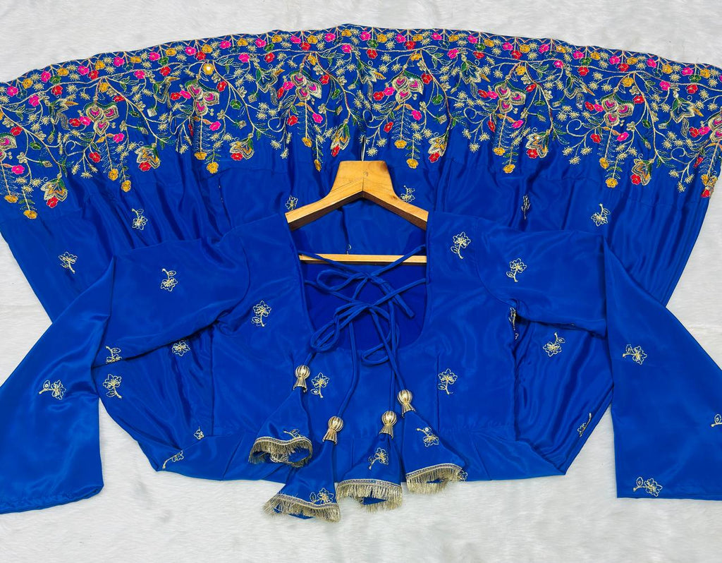 Blue Silk Sequins Embroidered Gown Set