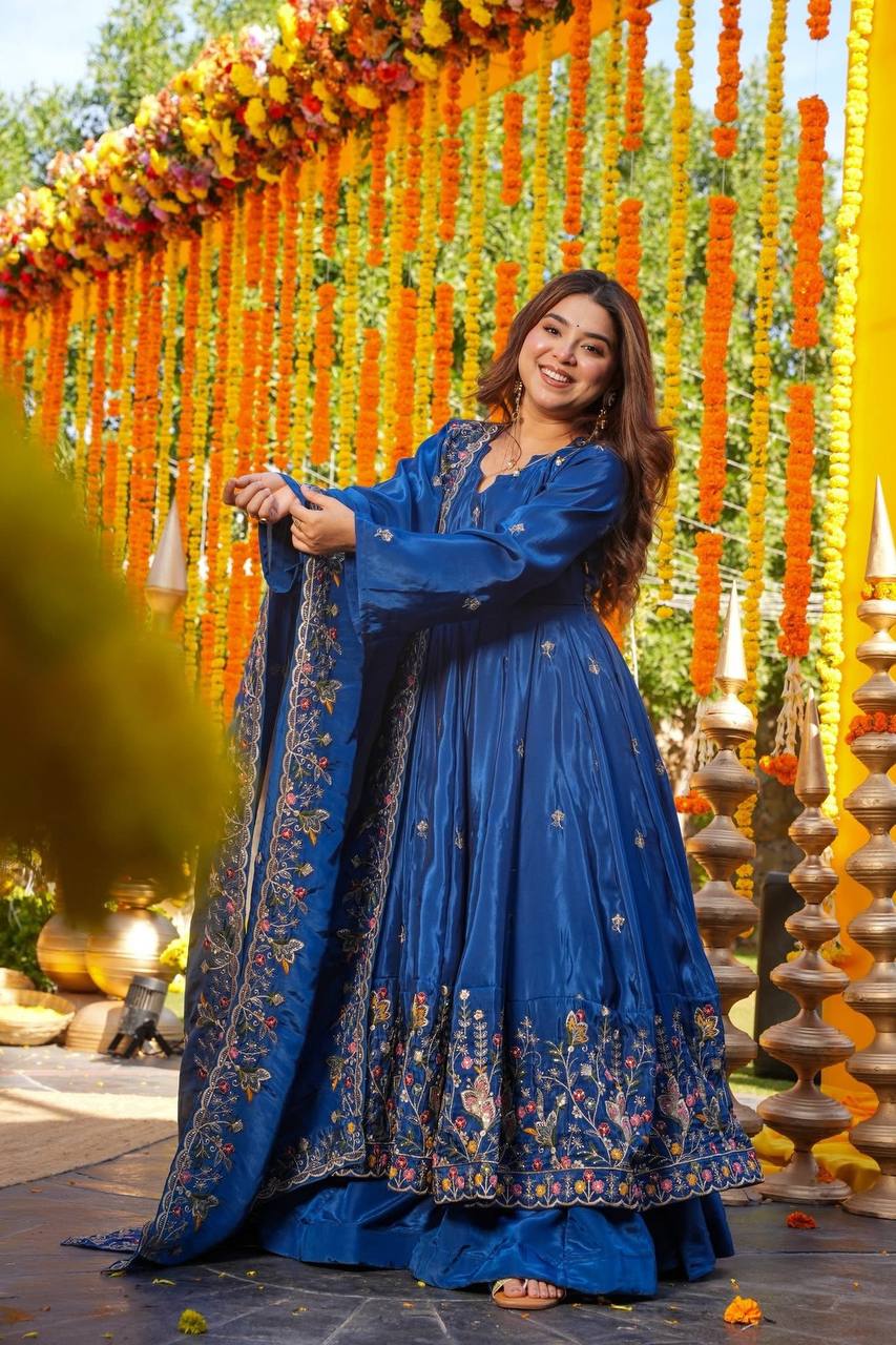 Blue Silk Sequins Embroidered Gown Set