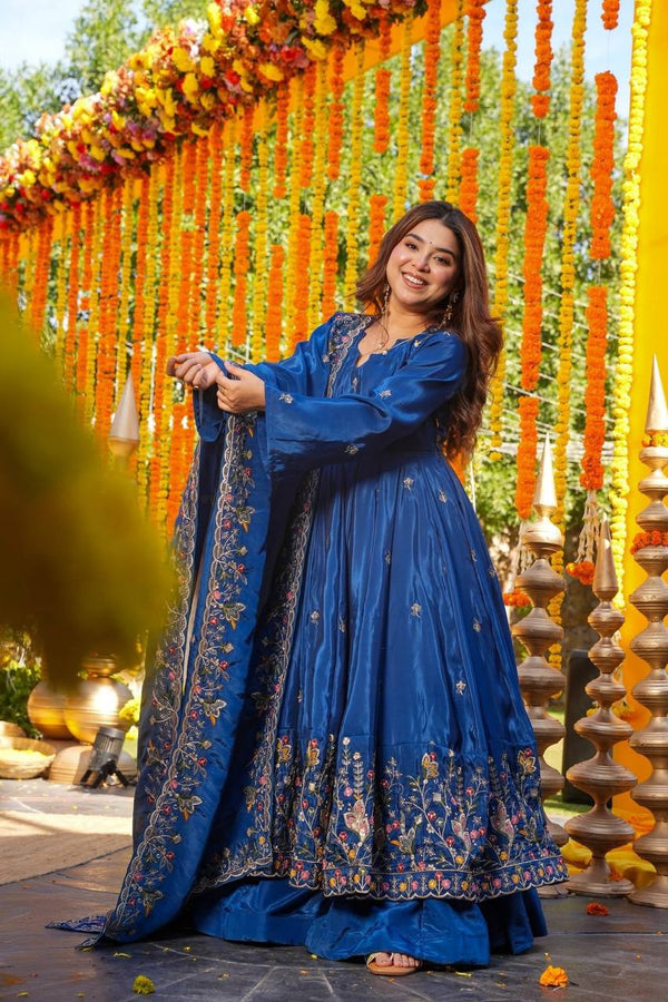 Blue Silk Sequins Embroidered Gown Set