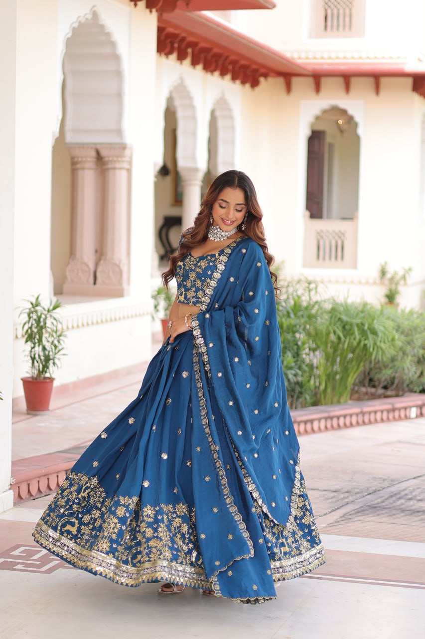 Blue Silk Sequins Lehenga Choli Set ClothsVilla