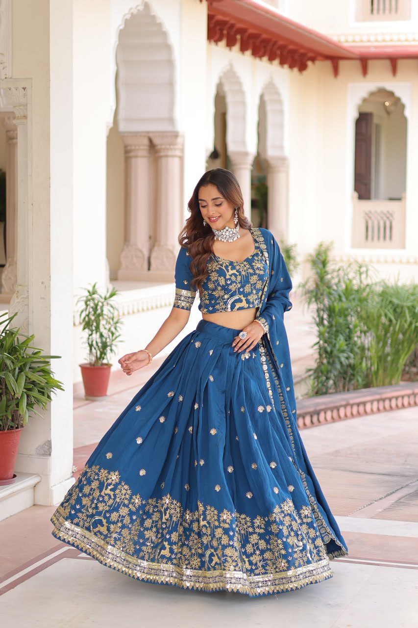 Blue Silk Sequins Lehenga Choli Set Secondary image