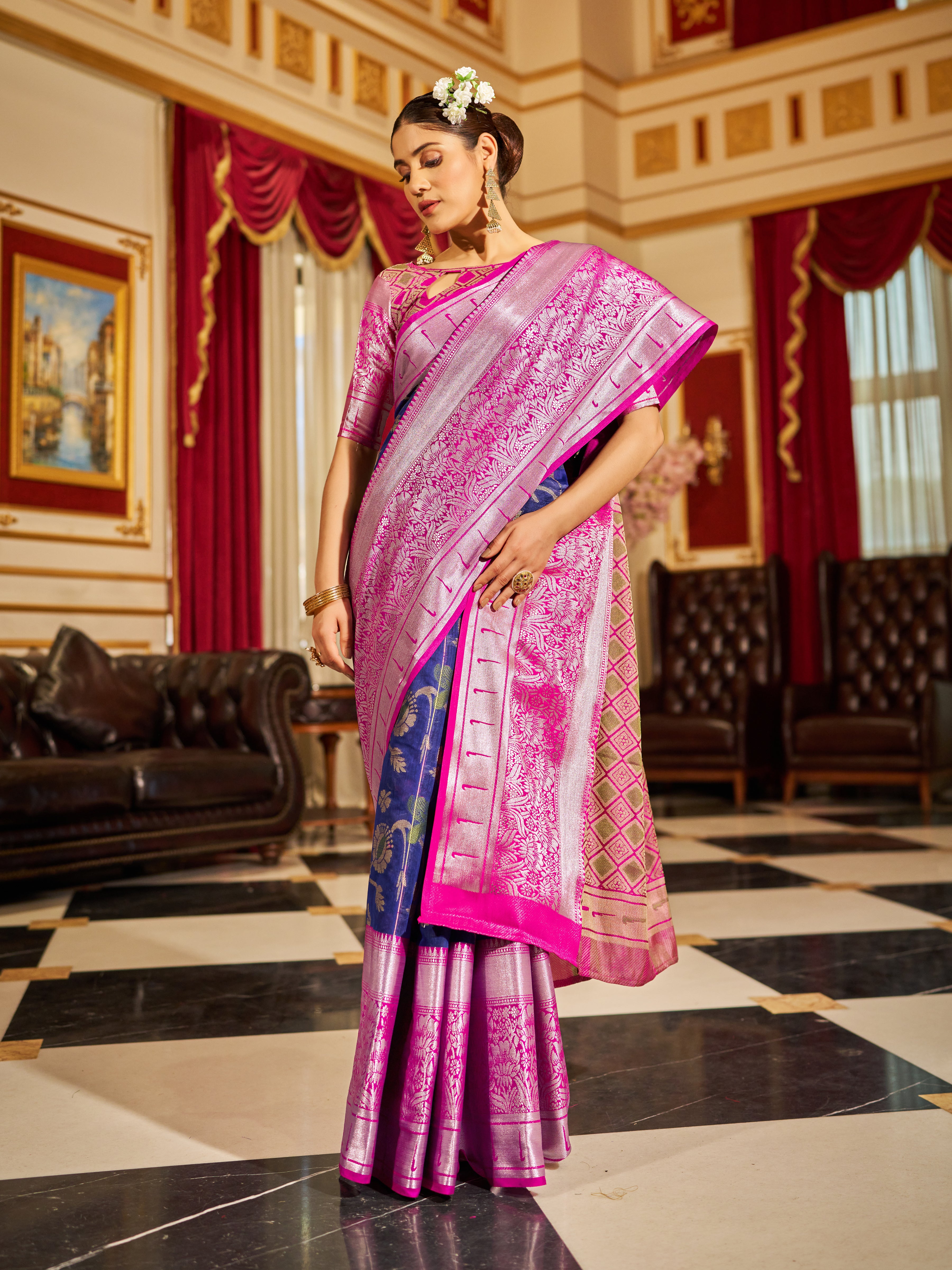 Classic Blue Soft Cotton Saree with Woven Design Secondary image