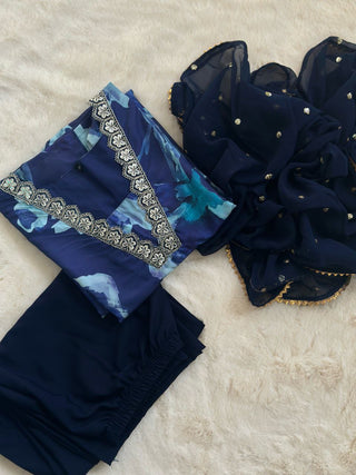 Blue Stunning Digital Print Kurta Set with Embroidered Dupatta ClothsVilla