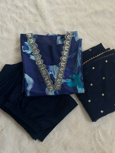 Blue Stunning Digital Print Kurta Set with Embroidered Dupatta ClothsVilla