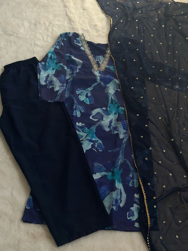 Blue Stunning Digital Print Kurta Set with Embroidered Dupatta ClothsVilla
